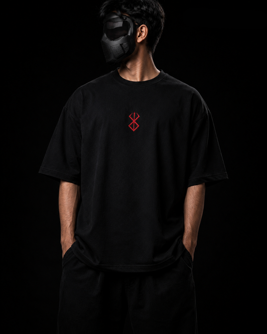 Black oversized Berserk Brand of Sacrifice heavyweight t-shirt with red embroidered brand mark — YUREI anime streetwear Pakistan